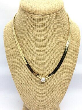 VINTAGE HERRINGBONE CHAIN Necklace Gold Tone Pear Rhinestone 80s 90s Choker